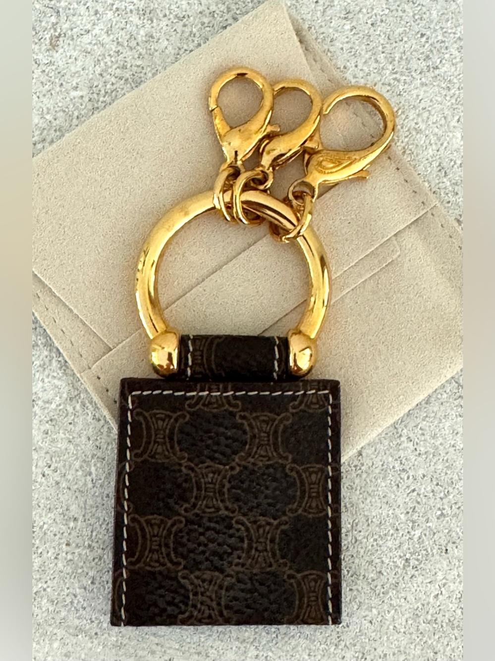 CELINE Macadam Canvas Leather Bag Charm Keychain Gold Tone Like New - Picture 4 of 7